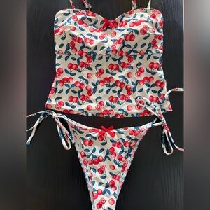 Cherry-Print Tankini Set in Cream and Red